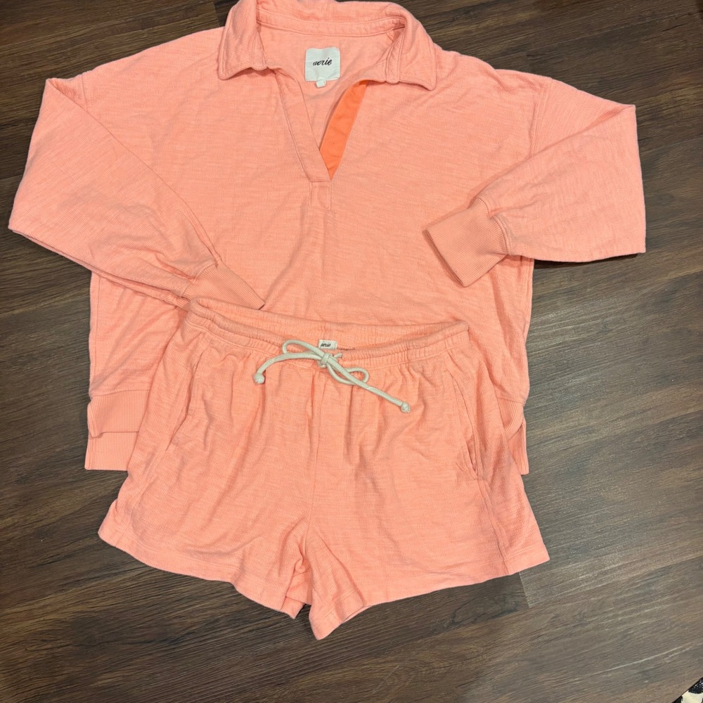 Aerie Peach Orange Polo Sweatshirt Short Pajama Set M Loungewear Coquette Comfy